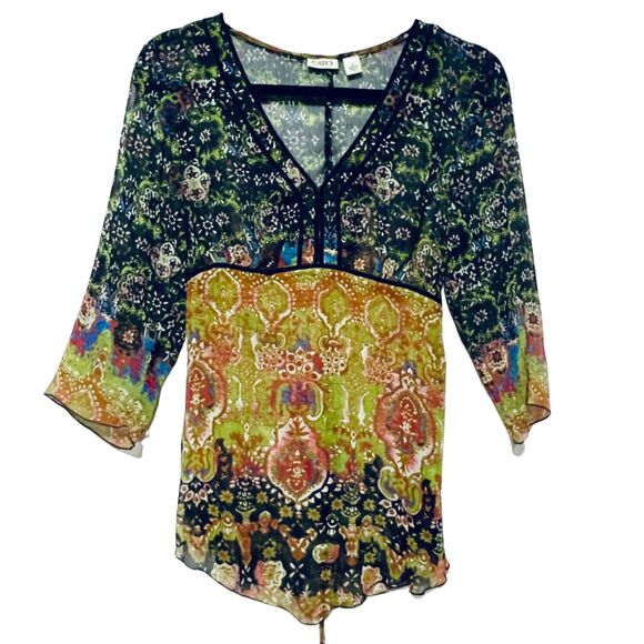 Cato Tops - Bohemian Mixed Print Sheer Flowy Butterfly Sleeve Tunic Top Small